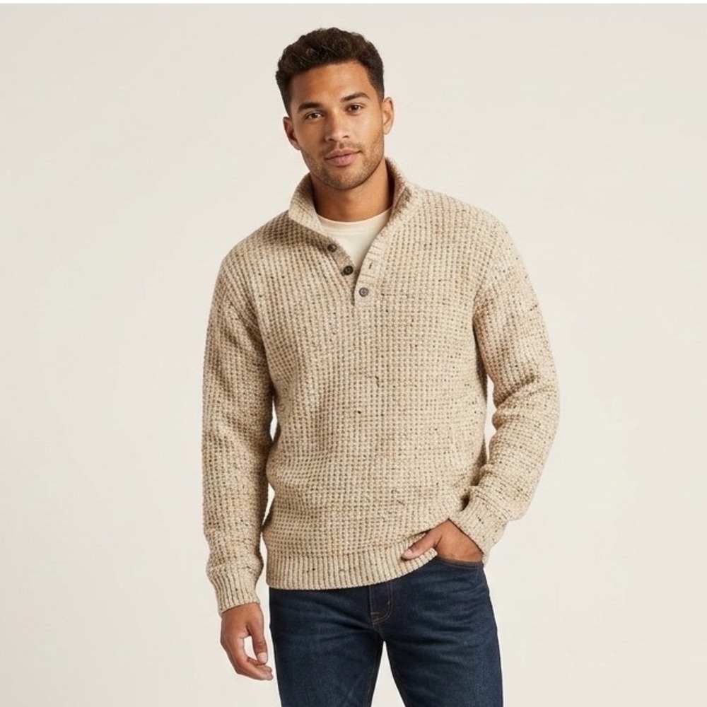 Peruvian Connection Mens 100% Wool Waffle Knit Sweater Beige Flecked Uruguay